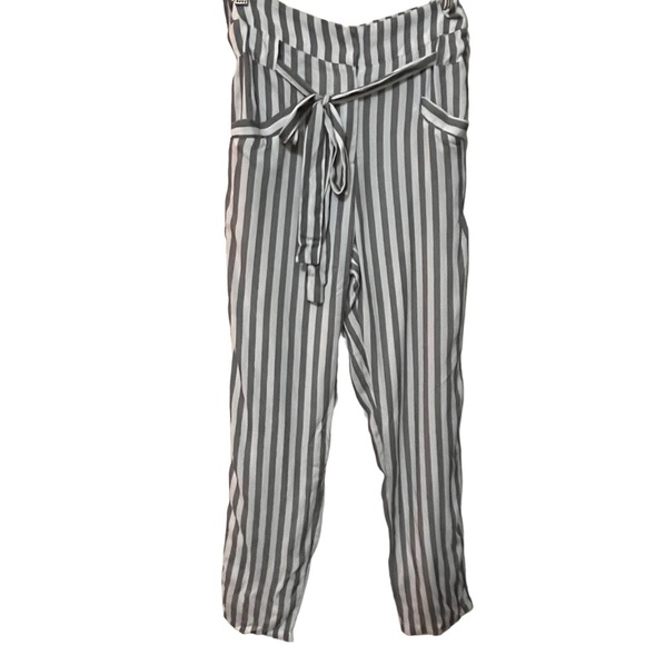 3/$30 STRIPED PAPER BAG HIGH WAIST PANTS XIX PALMS GRAY WHITE TIE RAYON SZ 1 - Picture 1 of 12